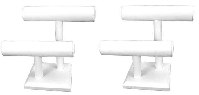 2 Tier White Leather T-Bar Bracelet Watch Jewelry Display Stands 2 Pack