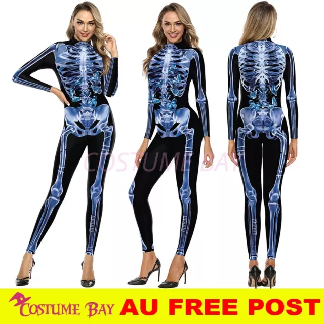 Womens Skeleton Bone Jumpsuit Fancy Dress Halloween Bodysuit Cosplay Costume AU