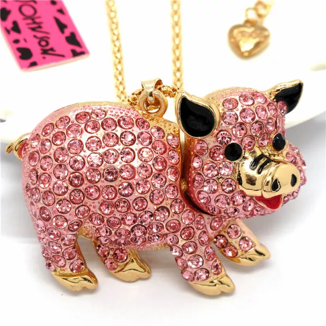 Rhinestone Pink Crystal Cute Pig Pendant Betsey Johnson Sweater Chain Necklace