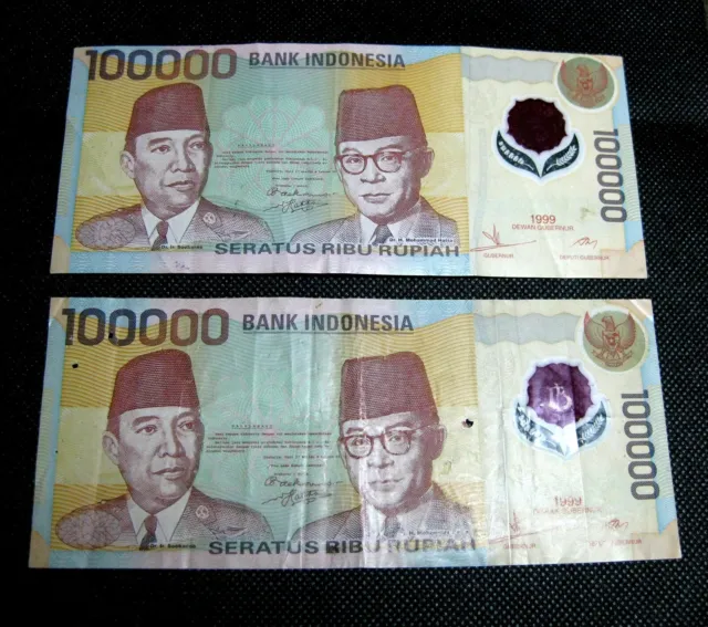 2x 1999 Bank Indonesia 100000 Seratus Ribu Rupiah Used Banknotes (A Series)