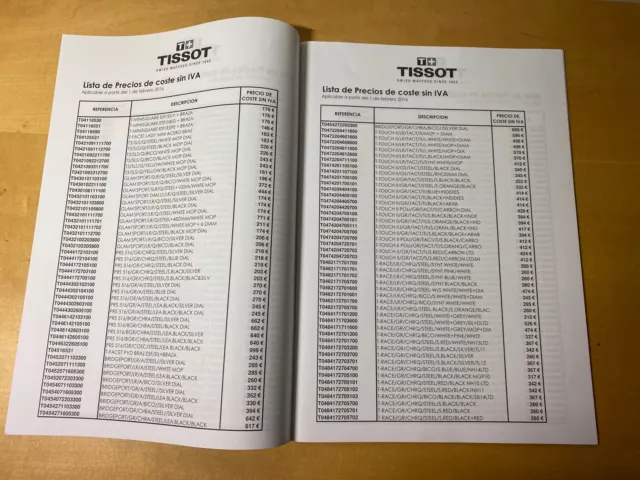 Price list TISSOT Lista de precios de coste sin IVA - Relojes - 1 Febrero 2016