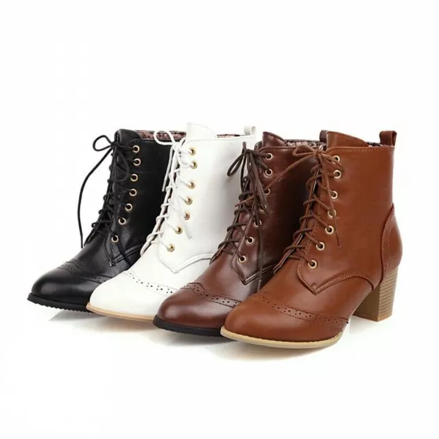 Women's Retro Ankle Boots Lace-Up Chunky Heel Brogue Low Heels Round Toe Shoes