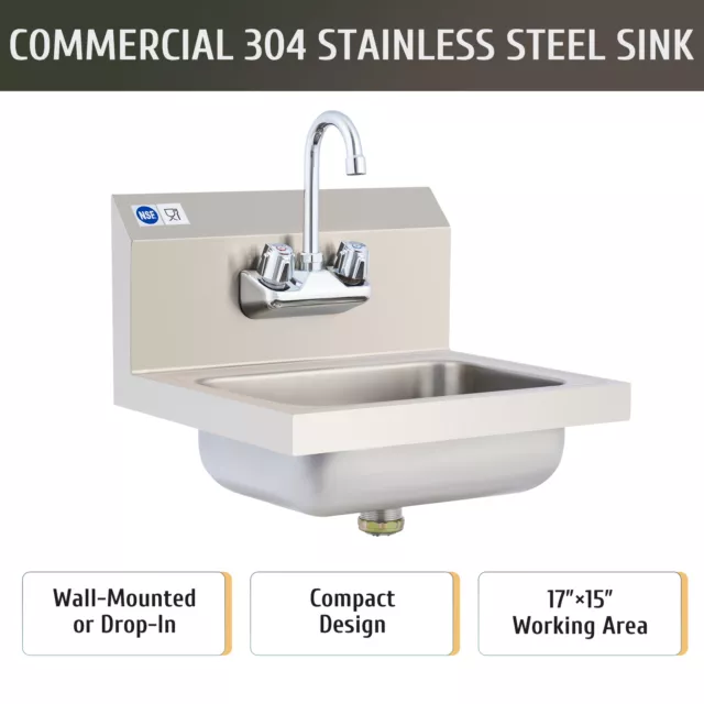 NSF 14" Wall Mount Hand Wash Sink Commercial Utility Basin Restaurant Stainless