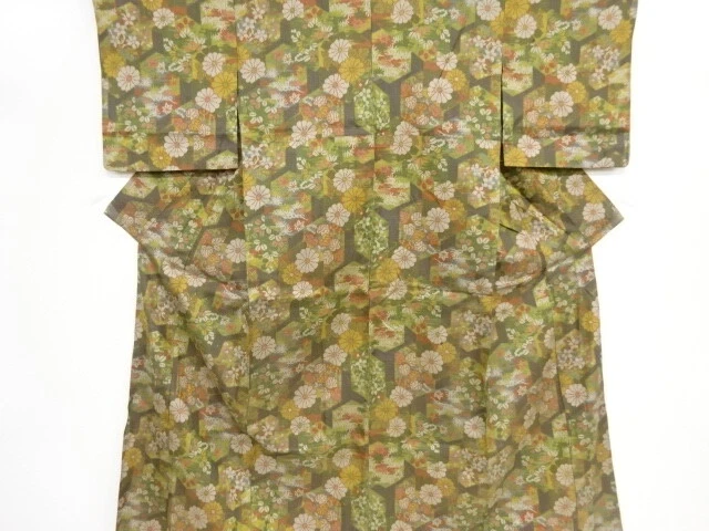41035# Japanese Kimono / Antique Hitoe Kimono / Woven Floral Plants & Kikko