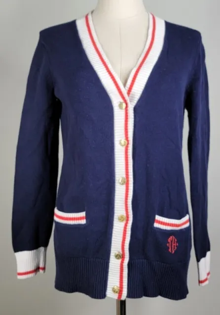 Tommy Hilfiger Women's M V-neck Varsity Sweater Cardigan Gold Crest Buttons TH