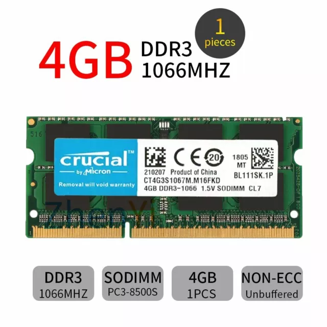 For Crucial 4GB 2GB DDR3 PC3-8500S 1066MHz 204Pin SO-DIMM Memory Laptop RAM BT
