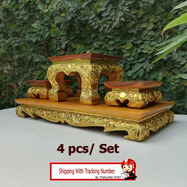4 pcs/ Set Small Altar Table Thai Buddha Worship Teak Wood Amulet Handmade
