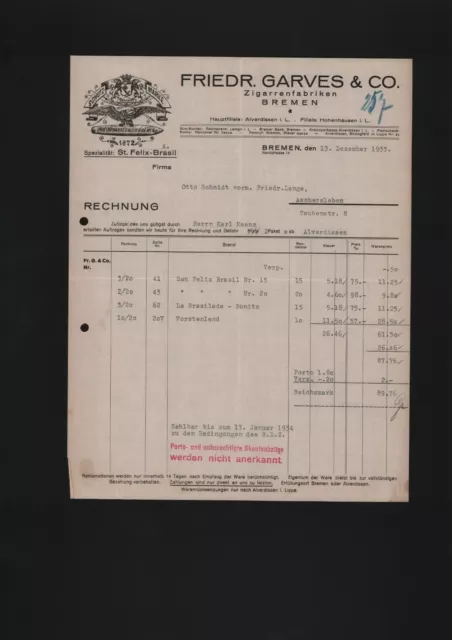 BREMEN, Rechnung 1933, Friedr. Garves & Co. Zigarren-Fabriken St. Felix-Brasil