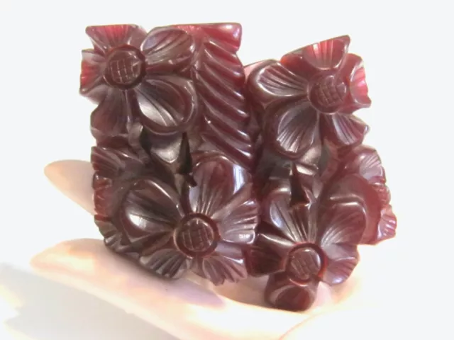 Pair Set 2 Cherry Amber Vintage Antique Deep Carved Bakelite Floral Dress Clips