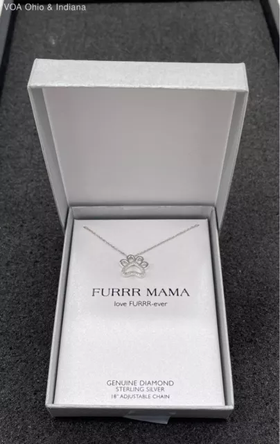 Furrr Mama Genuine Diamond Sterling Silver Paw Pendant 18 Inch Necklace