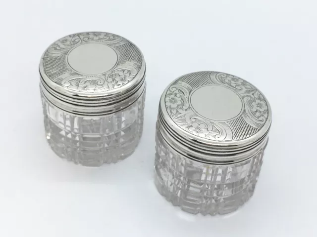 Pair of Sterling Silver Topped Cut Glass Rouge Pots / small dressing table jars