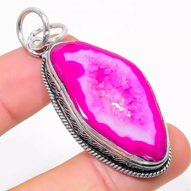 Natürlicher rosa druzy Scheibe Edelstein 925 Sterlingsilber Geschenk Anhänger 2,09" Geschenk W5