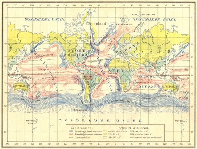 WORLD. Zeestroomen- Regen en Sneeuwval 1922 old vintage map plan chart