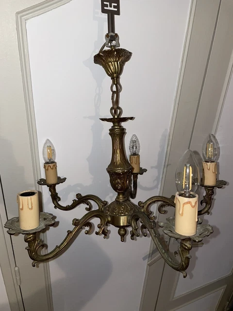 Lustre Plafonnier 5 Branches En Bronze Laiton - Vintage Ajustable - Occasion Fonctionnel