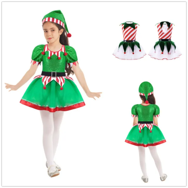 Kids Girl Christmas Santa Elf Cosplay Costume Fancy Dress Tutu Skirt Dance Dress