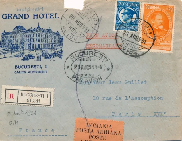 Lettre Airmail Flight Bucuresti Registered Hotel Cover 1931 Romania
