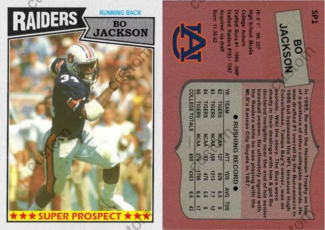 Bo Jackson 1987 Super Prospect Custom Card Raiders Auburn Tigers Royals