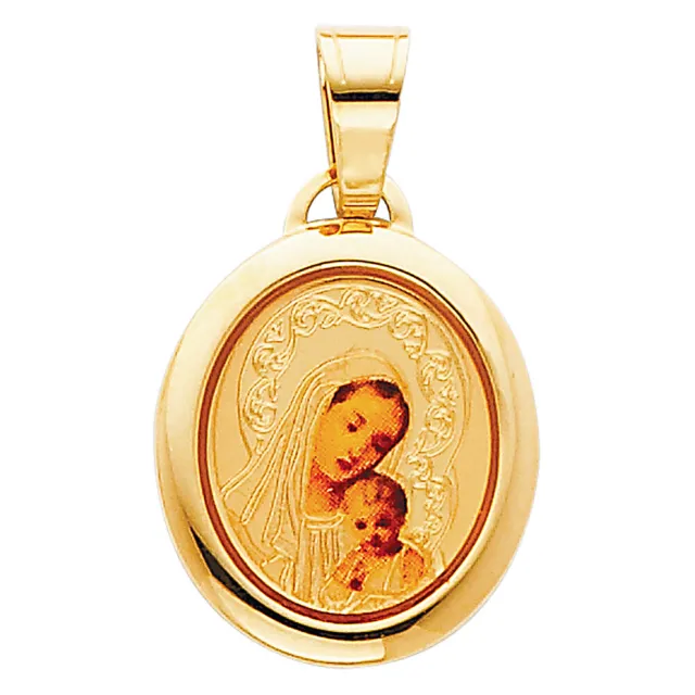 14K Yellow Gold Religious Enamel Picture Virgin Mary Jesus Pendant for Necklace