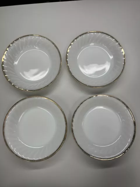 Fire King 7.5” Salad Bowls Swirl Milk Glass Gold Trim Anchor Hocking 4pc