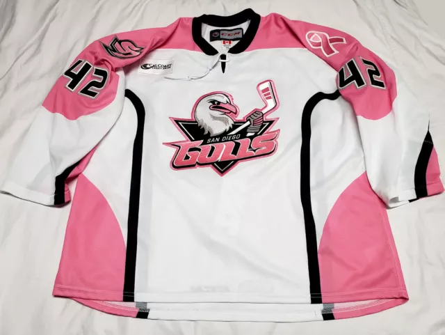 AHL San Diego Gulls Pink In The Rink Game Used Worn Hockey Jersey Size 56 XXL