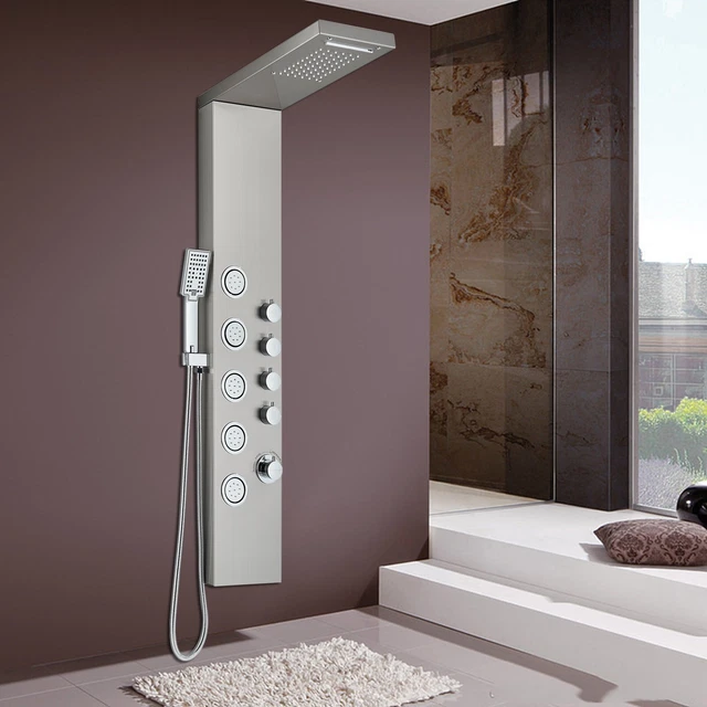 Sistema de torre de panel de ducha de baño sistema de masaje de lluvia níquel cepillado a chorro