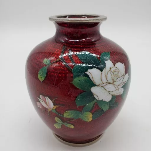 Vintage Japanese  Pigeon Blood Red Floral Mini  4" Sato Cloisonne Vase W/ Flower