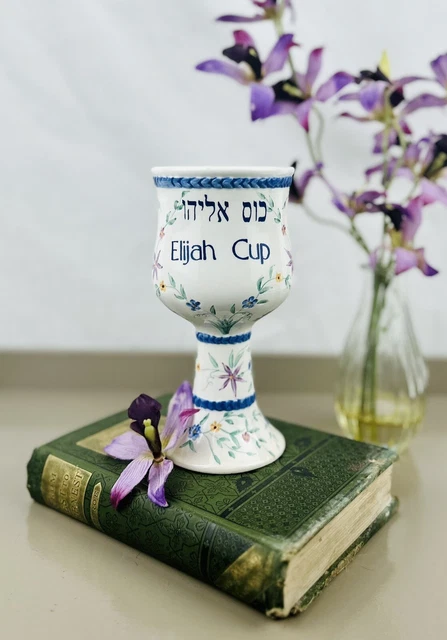 Ceramic Shabbat Kiddush Passover Elijah Cup Goblet - Blue, Hand Painted Florals