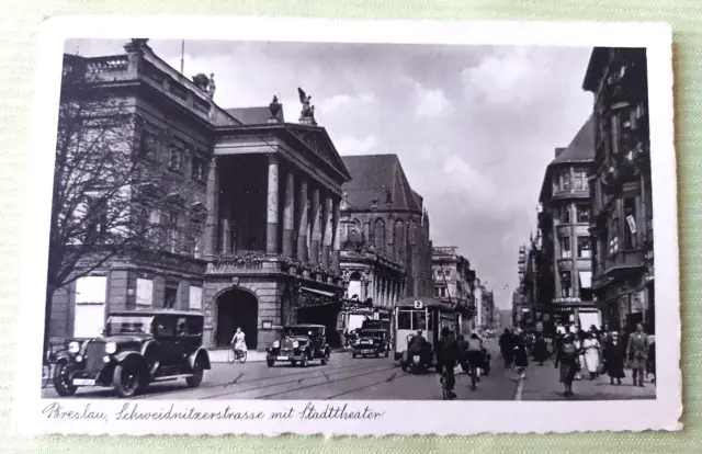 AK BRESLAU Schweidnitzerstrasse mit Stadttheater Schlesien Oldtimer Straßenbahn