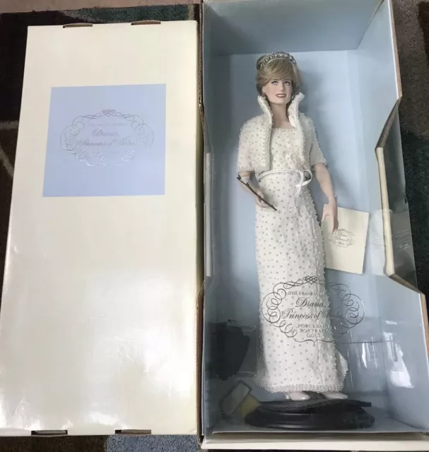 Franklin Mint Princess Diana Porcelain Doll White Beaded Gown New In 21” Box MIB