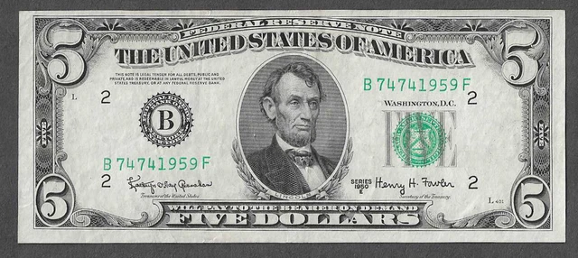 FR 1966-B New York $5 Series of 1950E Green Seal Federal Reserve Note