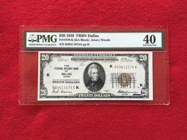 FR-1870K 1929 $20 Dallas Federal Reserve Bank Note FRBN *PMG 40 Extremely Fine*