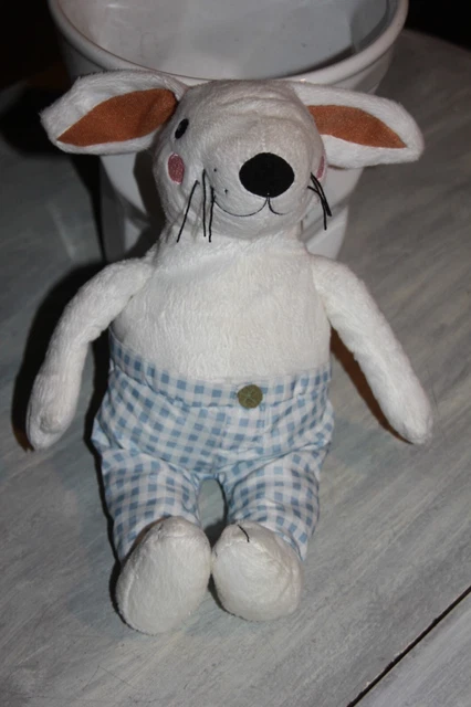 DOUDOU peluche  IKEA LAPIN  BLANC  PANTALON VICHY BLEU SKOGSHARE NEUF