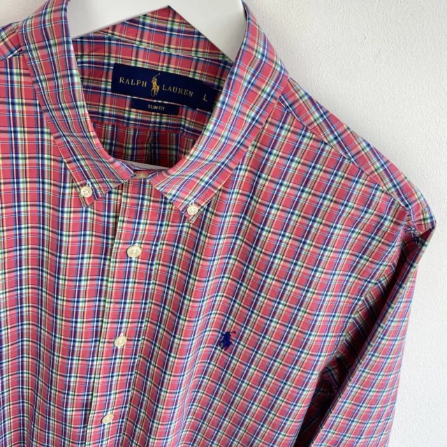 Polo Ralph Lauren Shirt Size Large L Men's Red Check Slim Fit Long Sleeve