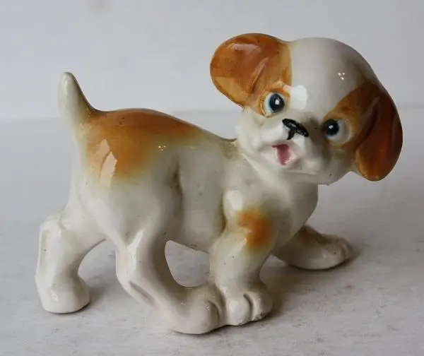 Puppy Dog Figurine Playful Pose Ceramic Porcelain Hand Painted Made in Japan VTG