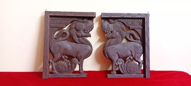 Vintage Lion Wall Corbel Pair Door Side Bracket Pillar Statue Wooden Sculpture