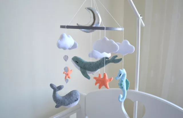 Baby mobile sea whale ocean,  neutral mobile baby nursery crib decor underwater