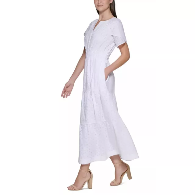 KENSIE Eyelet-Embroidered Tiered Maxi Dress With Pockets Layered Sleeves White 8 2