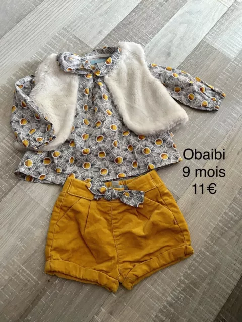 Obaibi 9 mois  Fille Hiver : chemisier + short + gilet jaune TBE