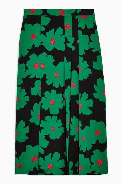 Topshop Black & Green Bold Floral Pleated Midi Skirt Size 10