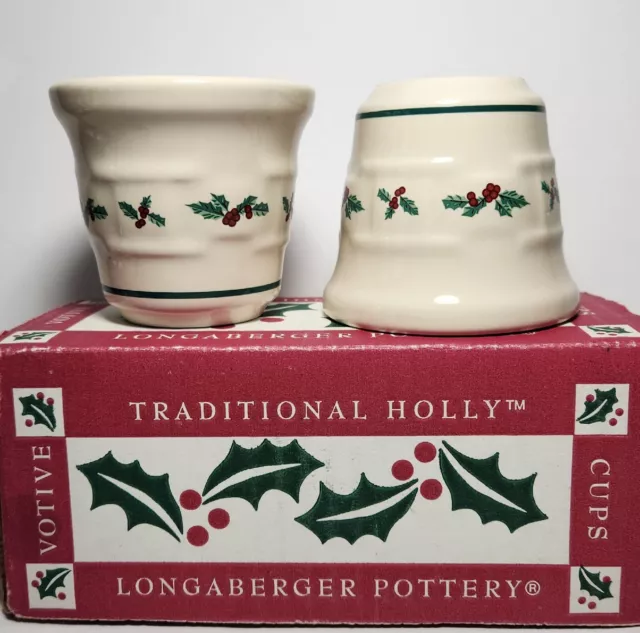 Longaberger Pottery Traditional Holly Votive Cups Candle Holder Set of 2  NIB