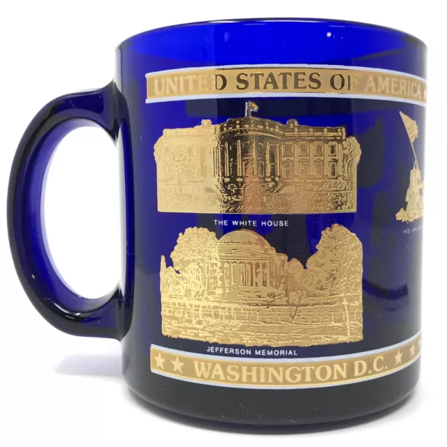 Vtg WASHINGTON DC Blue Glass Gold Detail COFFEE MUG White House Souvenir