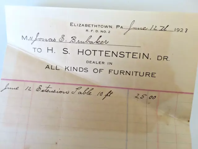 Vintage 1923 Bill Head/Receipt*H. S. HOTTENSTEIN*Furniture*Elizabethtown, PA