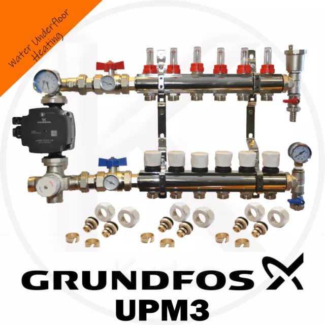 Underfloor Heating Brass 2 to 8 Ports Manifold Grundfos UPM3 or Wilo Pump Euros