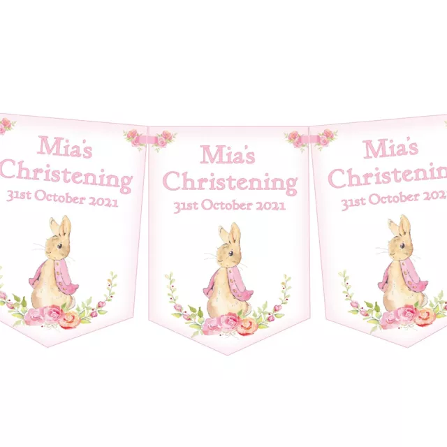 Bandera de bautizo personalizada rosa Peter Rabbit para niña, pancarta de bautizo