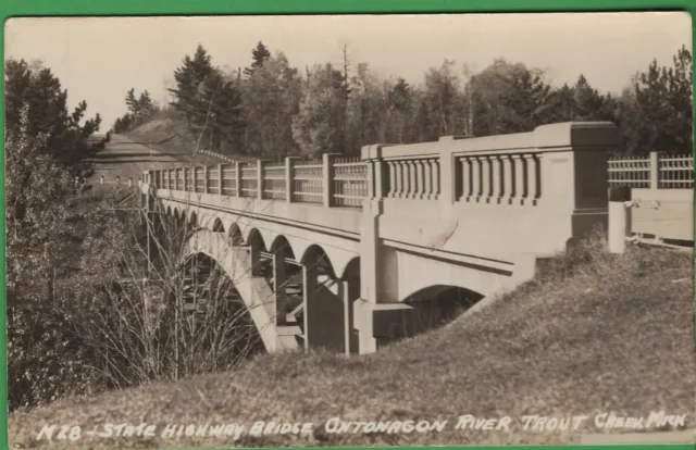 Vintage Michigan MI RPPC Photo Postcard State Hwy Bridge Ontonagon River Trout