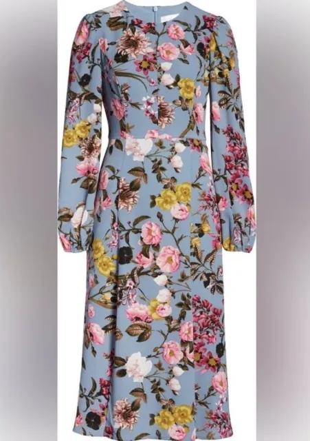 NEW ELIZA J Blue Floral Print Long Sleeve Stretch Crepe Fit & Flare Midi Dress 6