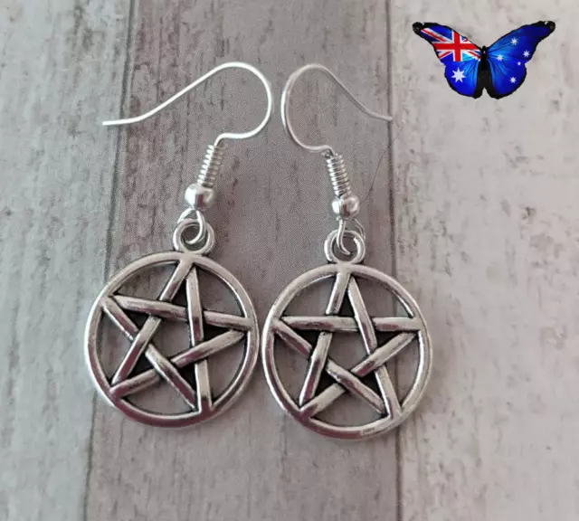 Pentagram Protection Earrings Wiccan Celtic Medieval Hippie Boho Silver Hooks
