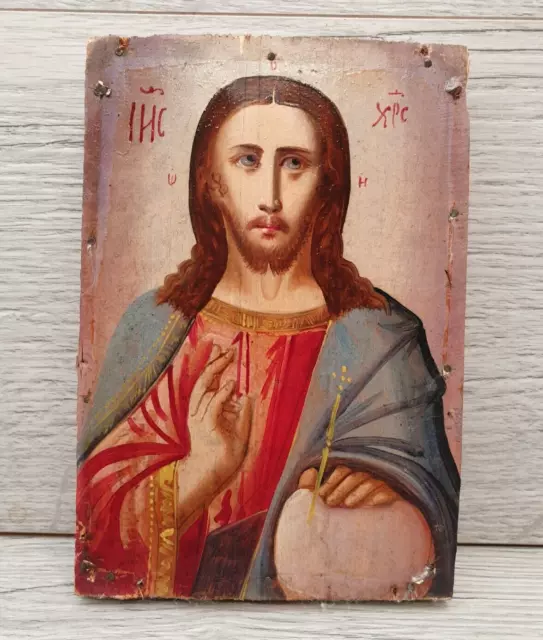 Antique Orthodox icon of Jesus Christ handmade from the 19th century.