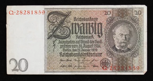 antique German 1929 20 mark bank note, Q.28281859, circulated
