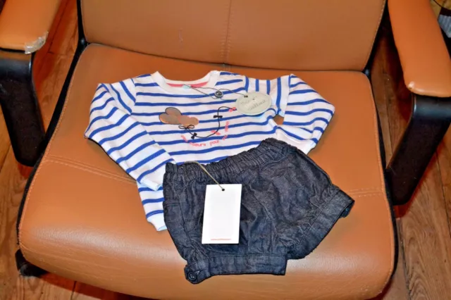 ensemble neuf 6 mois short jean cyrillus neuf +tee shirt neuf petit cailloux 6 m